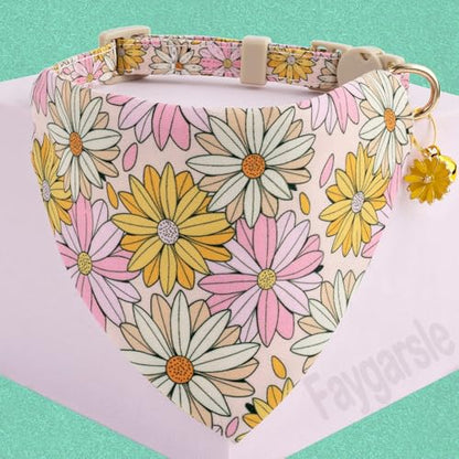 Faygarsle 2 Pack Floral Cat Collar Set with Bandana and Bow Tie, Pink and Yellow Daisy Pattern, Breakaway Safety Buckle - color: Yellow Flower