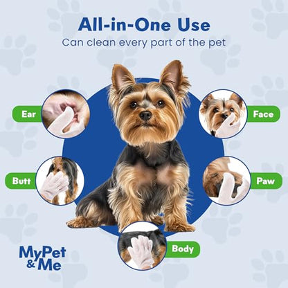 My Pet & Me Pet Glove Wipes for Dogs & Cats, Hypoallergenic No-Rinse Grooming with Olive & Jojoba Oil, Deodorizing Dog Bath Gloves & Lick-Safe Cat Wipes for Paws, Face, Ears, 6 Count Travel Pack