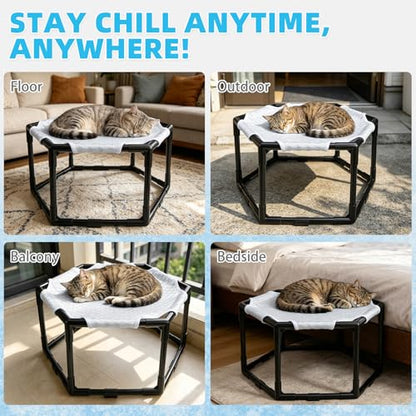 Elevated Cat Cooling Hammock Bed, Hexagonal Raised Cat Cot with Breathable Ice Beanie Fabric and Anti Slip Block, Cooling Pad Mat Indoor Outdoor Stable Pet Swing Bed for Small Puppy, Gery - color: Gray