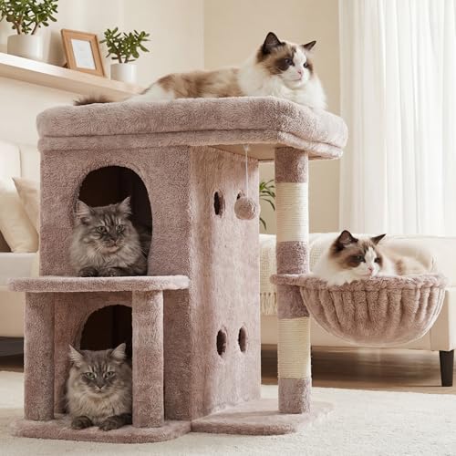 Heybly Cat Tree, 25.6-inch Cat Tower with Spacious Top Perch for Large Cats, Stair-Style Cat House Furniture with Dual-Layer Condos, Sisal Scratching Posts, Cozy Basket & Pompom, Muchroom HCT204SMU - color: Muchroom, size: 25.6 inch