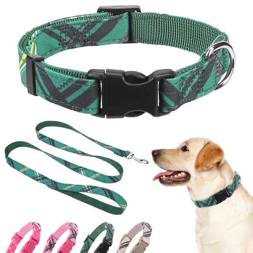 Dog Collar and Leash Set for Medium Dogs, Adjustable Soft Puppy Collar with Quick Release Buckle, 5FT Heavy Duty Nylon Matching Leash for Boy Girl Chihuahua, Yorki, Bulldog, Green M - color: Green, size: Medium(Neck:14.2"-20.1")