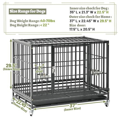 Heavy Duty Dog Crate 36 Inch, Stackable Dog Crate Cage Kennel for Breeders & Groomers, Drop Cages for Medium Dogs with 4 Wheels, 2 Bowls, Easy to Clean Grids & Tray - size: 36"L x 22.5"W x 29"H