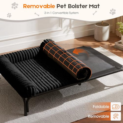 Elevated Dog Bed with Removable Fluffy Pillow Cushion, Raised Pet Cot Washable Bolster, Dog Couch Sofa, Anti Slip Feet, Breathable Mesh, Matte Black, 43"×32" - color: matte black, size: L(43"×32"×8")
