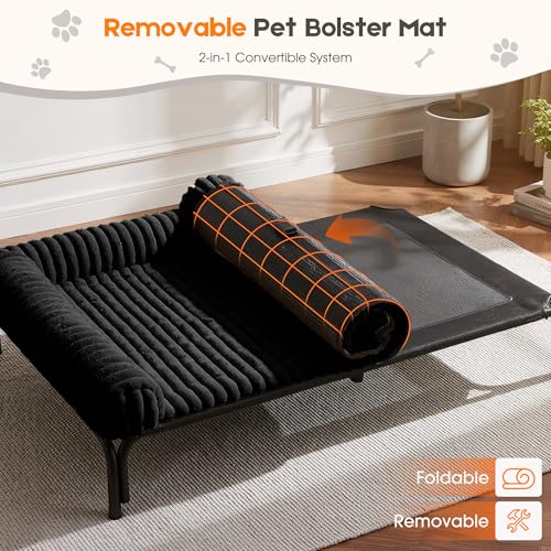 Elevated Dog Bed with Removable Fluffy Pillow Cushion, Raised Pet Cot Washable Bolster, Dog Couch Sofa, Anti Slip Feet, Breathable Mesh, Matte Black, 49"×36" - color: matte black, size: Xl(49"×36"×8")