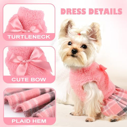 Fuzzy Dog Plaid Sweater Dress, Fall Winter Warm Female Dog Clothes for Small Dogs Girl, Pet Outfit, Cat Apparel (Small, Pink) - color: #1 Pink, size: Small (Chest 16.9 in)