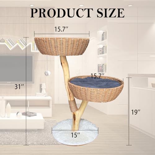 Cat Tree Modern - Minimalist Cat Tree with Sisal Rope Scratching Posts, Plush Cushioned, Baskets, and Fun Fluffy Ballew