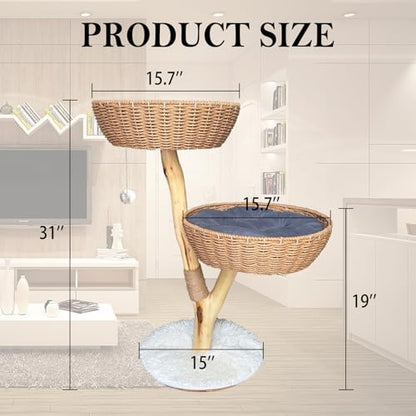 Cat Tree Modern - Minimalist Cat Tree with Sisal Rope Scratching Posts, Plush Cushioned, Baskets, and Fun Fluffy Ballew