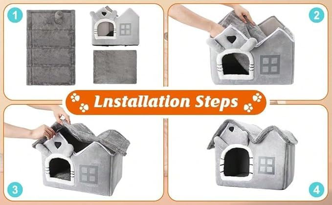Luxury Foldable Rabbit-Ear Cat House & Dog Bed – Indoor Double Roof Condo with 30D Memory Foam, Removable Washable Cushion, Non-Slip Base, Cozy Pet Tent for Small Dogs & Cats, Gray (Medium) - size: Medium