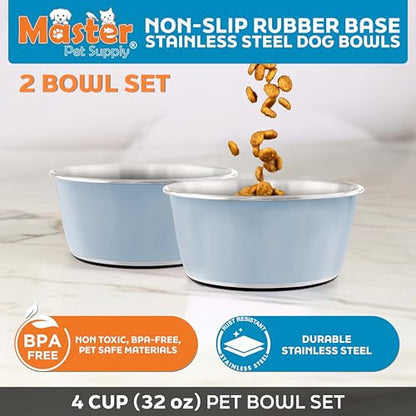 Master Pet Supply Stainless Steel Dog Bowls Set of 2 (32 Oz Each) with Non-Slip Rubber Base - Glacier Blue - Basic Dog Food Bowl Water & Food Bowls for Small Medium Large Dogs & Cats, Metal Dish - color: Glacier Blue, size: 4 Cups (32 oz) 2 Pack