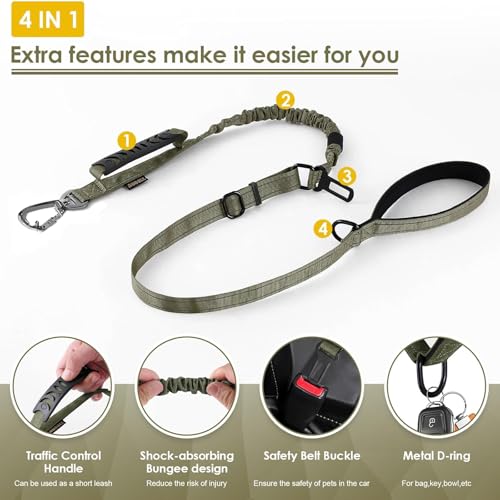 AUBELL Tactical Dog Leash Heavy Duty,4-6ft Reflective Strong No Pull Bungee Leash for Medium Large Dogs with Comfortable Padded Double Handle,Car Seat Belt,360 Degree Rotating Carabiner,Green - color: M/L-Green(4-6FT)