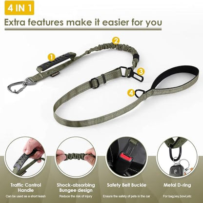 AUBELL Tactical Dog Leash Heavy Duty,4-6ft Reflective Strong No Pull Bungee Leash for Medium Large Dogs with Comfortable Padded Double Handle,Car Seat Belt,360 Degree Rotating Carabiner,Green - color: M/L-Green(4-6FT)