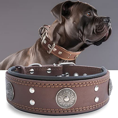Leather Dog Collar, 2 inches Wide Heavy Duty Genuine Leather Collars, Handmade, Soft, and Luxury, Eye-catching Best Choice for Large and Medium Breed Dogs, Brown 21-25 in - color: Brown, size: 21-25 in