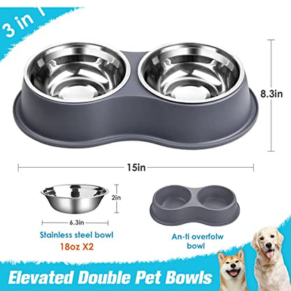 Epetslove Dog Bowl Double Dog Water and Food Bowl Stainless Steel Bowls with Non-Slip Resin Station, Pet Feeder Bowls for Puppy Medium Dogs Cats - color: 4.Grey, size: Medium-18oz