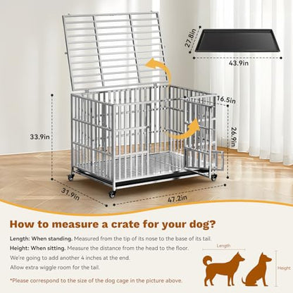 Holiwei 48" Heavy Duty Dog Crate, Escape Proof XL Stainless Steel Dog Kennel with Top Opening, 4 Lockable Wheels, Easy Clean Metal Dog Cage for Large/High Anxiety Dogs - size: 47.2"L x 27.6"W x 31.5"H