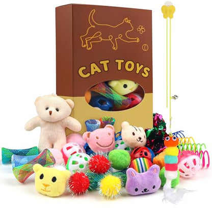 QUOZUO Kitten Toys - 38PCS Cat Play Set, Sparkle Balls, Plush Pom Pom Balls, Hanging Door Toy, Gift Box Styles