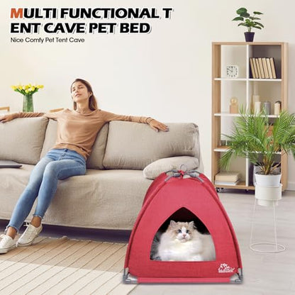 Winsterch Cat Bed Cave for Indoor Cats, Small Pet Tent Cave for Cats, Kittens, and Small Dogs, Warming Cat House with Removable Washable Cushion (18.5'‘ x 18.5’' x 15.8'',Red) - color: W-Red