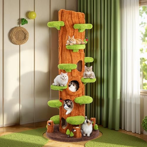 NUNU LAB 90.5 Inch Tall Cat Tree - Large Magic Forest Cat Tree Tower with Sisal Scratching Posts, Side Hideout & Platforms, Multi-Level Solid Wood Cat Condo with for Multi-Cat Homes (Large Green) - color: Green, size: 38.5"D x 38.5"W x 90"H