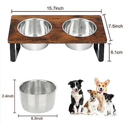 Elevated Dog Bowls for Small Medium Wood Dogs Raised Bowl Stand with 2 Stainless Steel Deep Dog Food and Water Bowls, Anti Vomit, Non-Slip Feeding Dishes(Tilted，3 inches in Height, 40oz - color: Walnut-Small&Medium