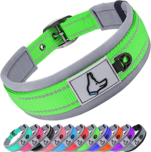 Joytale Dog Collar for Large Dogs, Neoprene Padded and Adjustable, Reflective Wide Heavy Duty Pet Collars with Durable Metal Belt Buckle for Walking, Green, L - color: Green, size: L