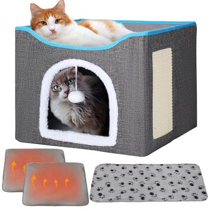 Cinnvoice Heated Cat Bed Indoor for Cats Heated Cat House with 2 Pcs Self Warming Cats Bed 1pc Blankets Self Heating Cube Shelter Cave Condo with Scratch Pad Fluffy Ball for Winter Pet Small Dog