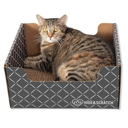 Hide & Scratch Cardboard Cat Scratcher Box & Bed - Dark Grey Diamond | Double-Sided Corrugated Pad for Indoor Cats | Refillable Scratching Board Toy for Play & Furniture Protection - color: Dark Grey Diamond