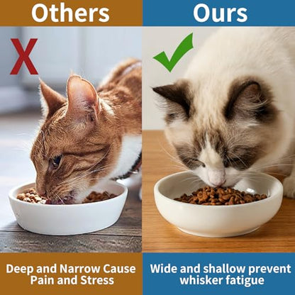 5.3 in Ceramic Cat Dishes - Shallow Food Bowls for Small Pets, 3 Pack for Food and Water -White - color: white