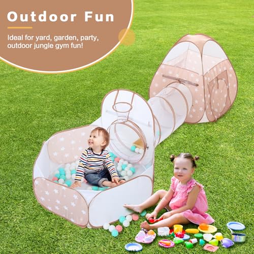SISTICKER 3 in 1 Kids Play Tent: with Baby Ball Pit and Play Tunnel - Toddler Climbing Toys for Boys Girls Babies - Indoor Outdoor Pop Up Tunnel Toys Gift for Year Old (Balls NOT Included) - style: Coffee/White