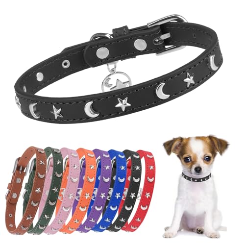 Leather Dog Collar for Small Dogs, Soft Adjustable Star Moon Rivet Studded Collars for Boy Girl Dogs, Puppy Collars with Quick Release Metal Buckle for Walking, Black S, 11-14" Neck - color: Black, size: Small (11"-14", Pack of 1)