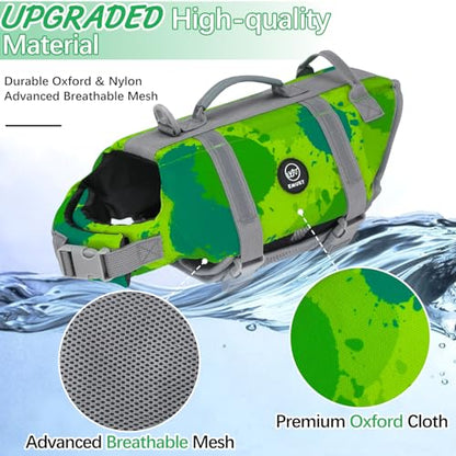 EMUST Dog Life Vests, Adjustable Dog Life Jacket with Rescue Handle, Dogs Flotation Vest for Small/Medium/Large Dogs, XS, MultiGreen - color: MultiGreen, size: XS