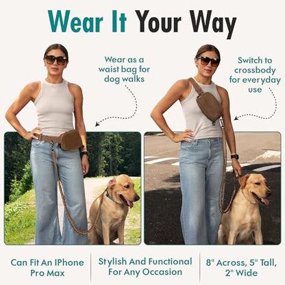Hands Free Dog Leash with Dog Treat Pouch - Stylish & Trendy Waist Leash for Dog Walking - Wear Around the Waist or Crossbody - Durable & Detachable - Shock Absorbing - Waste Bag Dispenser - color: Caramel
