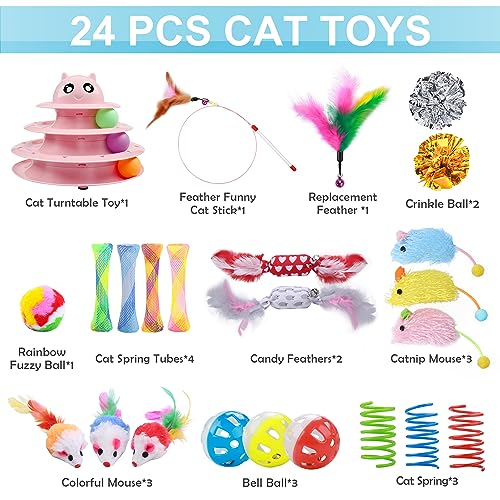 UPSKY 24 PCS Cat Toys, 3-Level Turntable Kitten Toys Set, Interactive Cat Roller Toys for Indoor Cats, Catnip Toys, Cat Teaser Toys, Mice Toys, Spring Toys, Various Ball Toys for Kitty - color: D-24PCS-Pink