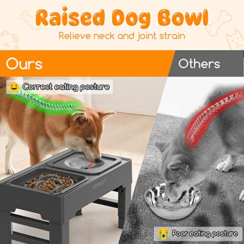 URPOWER 2-in-1 Elevated Slow Feeder Dog Bowls with No-Spill Water Bowl, 4 Height-Adjustable Raised Dog Bowls, Non-Slip Food and Water Bowls with Stand for Small, Medium, Large Dogs, Cats and Pets - color: Grey, size: Slow Feeder