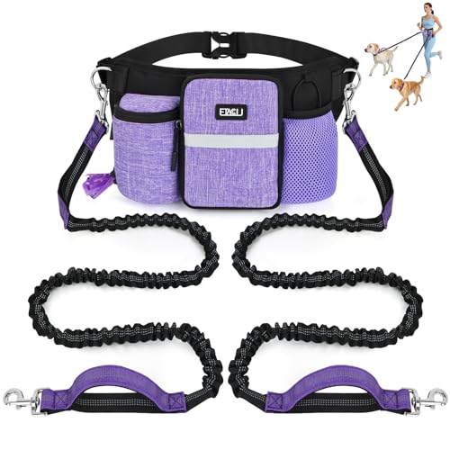 Heavy Duty Hands Free Dog Leash with Zipper Pouch for Two Dogs, Waist Belt for Large Medium Dogs for Running, Walking, Jogging and Hiking, Dual Padded Handles and Durable Bungee (2 Dog Purple) - color: 2 Dog Purple