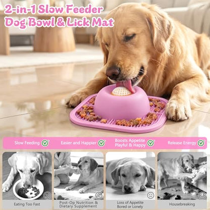 Slow Feeder Dog Bowls & Lick Mat for Liquid and Thick Treat, Anti-Slip Dog Lick Bowl with Interactive Rolling Ball, 5/6 Cup Pup Licking Toy for Large Medium Small Dogs and Cats Pink - color: Pink