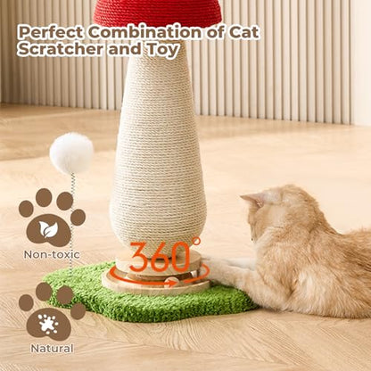 Mushroom Cat Scratching Post with Interactive Ball Track Spring Ball Cat Toys, 21.2" Cat Sisal Scratcher Tree for Indoor Cats, Red - color: Red