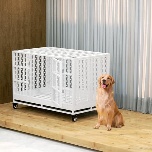 Snuowu 48 Inch Heavy Duty Dog Crate with Wheels, Folding Metal Big Dog Cage for Large and Medium Dogs, Extra Large XL XXL Indestructible Dog Crate with Removable Tray. - size: 48-Inch White （Fold）