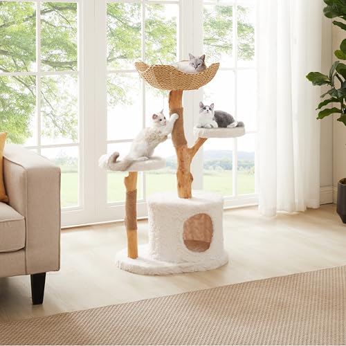 Unipaws Modern Cat Tree Tower for Small and Large Cats, Real Solid Wood Branch Luxury Cat Condo with Scratching Post and Cat Bed, Indoor Furniture for Cat Lover Gifts - size: Cat Tree (2 Platforms & 1 Basket)