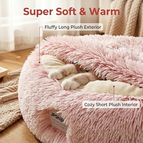 Hooded Dog Bed, Cat Cave Bed with Removable Hood, 2-in-1 Convertible Donut Cat Bed, All Season Fluffy Pet Bed for Cats Small Dogs (Cave Bed - Pink, Medium 19.7 Inches) - color: Cave bed - pink, size: 19.7 in Medium