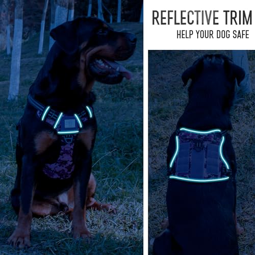 Tactical Dog Harness for Medium & Large Dogs, Rose Pink Adjustable No-Pull Control with Handle, Heavy Duty Reflective Vest - Size L - color: ROSE PINK, size: L