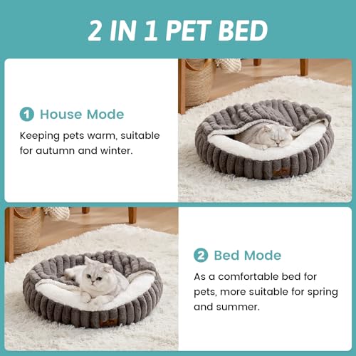 Cat Bed with Hooded Blanket, Round Fluffy Anti-Anxiety Pet Bed for Cats/Toy Breed Dogs, Cozy Donut Cuddler with Machine Washable Faux Fur & Anti-Slip Bottom(20"×20"×6",Grey) - color: Grey, size: 20"×20"×6"
