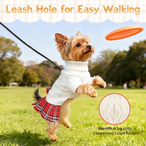 Dog Sweater Dress with Bowtie Turtleneck Warm Pullover Pet Sweater Soft Comfy Knitwear Dog Sweaters for Small Dogs Girl Pet Winter Clothes Cat Apparel with Leash Hole (White M) - color: White, size: Medium (9-15lbs)