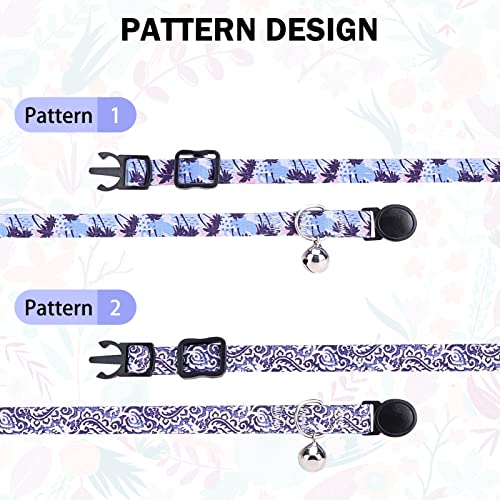 Breakaway Cat Collars for Girl Boy Cats, Spring Summer All Weather Cat Collar Personalized Pattern 2 Pack,Cute Classic Safety Buckles and Bells,Adjustable Printed Nylon Colorful Kitten Collar - color: Grazy Purple