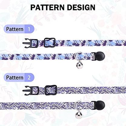 Breakaway Cat Collars for Girl Boy Cats, Spring Summer All Weather Cat Collar Personalized Pattern 2 Pack,Cute Classic Safety Buckles and Bells,Adjustable Printed Nylon Colorful Kitten Collar - color: Grazy Purple