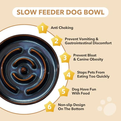 Havniva 1.2 Cup Elevated Slow Feeder Dog Bowls, 7.3” Dog Slow Feeding Bowls + 6.1” Ceramic Dog Water Bowls Set with Acacia Wood Stand, Dog Food Bowls Puzzle Feeder for Small Dogs Non-Slip Anti-choking - color: 2 x Starry Sky + Stand - A, size: M- 7.3inch