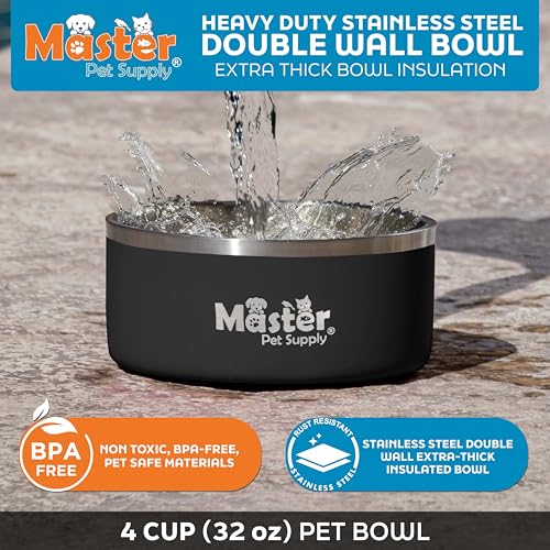 Master Pet Supply Stainless Steel Dog Bowls - 32 oz, Heavy Duty - Black Velvet, Double Wall Extra-Thick Insulated, Non-Slip Pet Water Bowl for Dogs, Cats & Pets, Anti Rust Metal, Dish Washer Safe - color: Black Velvet, size: 4 Cups (32 oz)