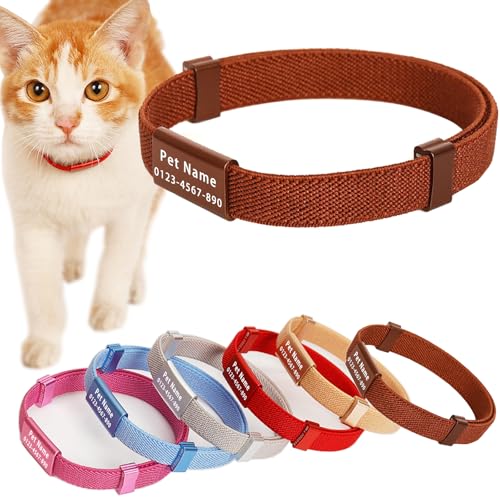 ZQGJ-Minimalist Stretch Lightweight Custom Engraved Cat Collar with Name Tag Personalized Cat Collars for Kitten Boy & Girl Cats (Coffee Color, Collar with Nameplate) - color: Coffee Color, size: Collar With Nameplate