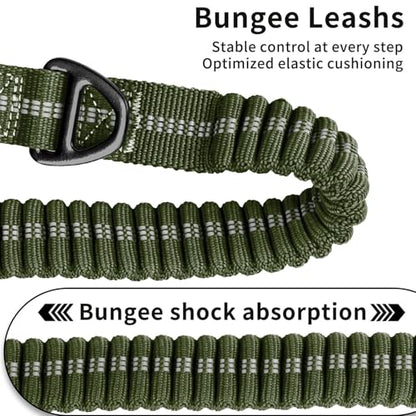 Heavy Duty Tactical Dog Leash, 4-6FT Shock Absorbing Bungee Lead with 2 Padded Handles, Metal Carabiner & Seatbelt Clip, Reflective No-Pull Leash for Medium/Large Dogs (ArmyGreen) - color: ArmyGreen