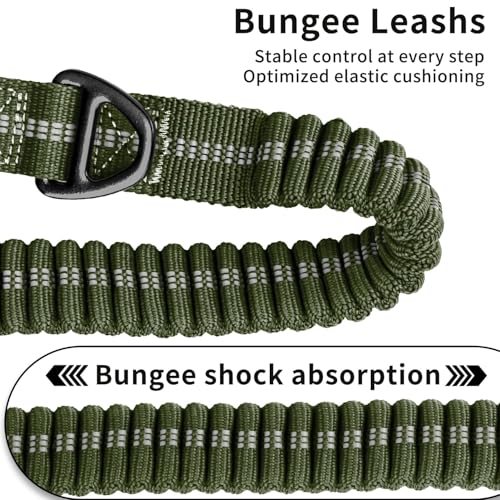 Heavy Duty Tactical Dog Leash, 4-6FT Shock Absorbing Bungee Lead with 2 Padded Handles, Metal Carabiner & Seatbelt Clip, Reflective No-Pull Leash for Medium/Large Dogs (ArmyGreen) - color: ArmyGreen