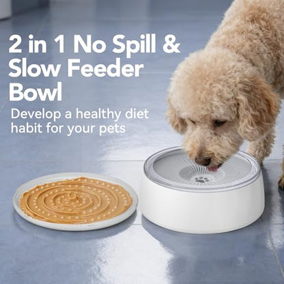 3L No Spill Dog Water Bowl (101oz) – Slow Drinking Pet Bowl with Replaceable Filter & Slow Feeder Mat, Splash Proof Travel Bowl for Large Dogs Cats, Car & Home Use – Grey