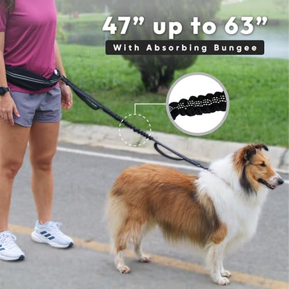 Bond Dog Running Leash Hands Free with Pouch, Hands Free Leash for Large Dogs, Pet Lead Running Belt for Walking & Canicross Belt, Includes Waist Jogging Fanny Pack & Pet Car Seat Belt Safety - color: Black